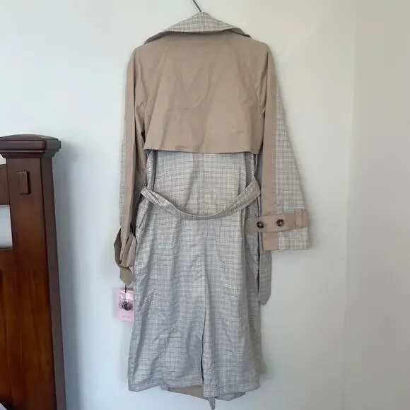 NWT Avec Les Filles Combo Plaid Double-Breasted Trench Coat Sz Medium - Picture 2 of 16